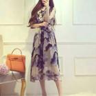 Elbow Sleeve Tie Neck Silk Dress