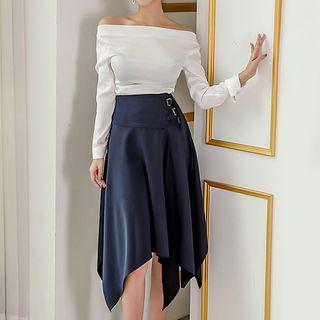 Off-shoulder Long-sleeve Top / Buckled Midi A-line Skirt