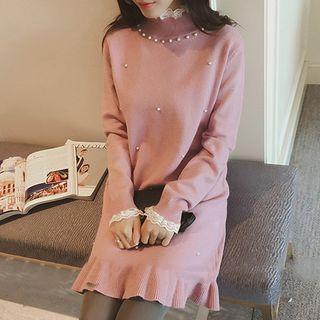 Lace Collar Faux Pearl Long Sleeve Knit Dress