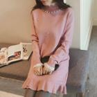 Lace Collar Faux Pearl Long Sleeve Knit Dress