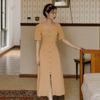 Short-sleeve Square-neck Button Midi A-line Dress