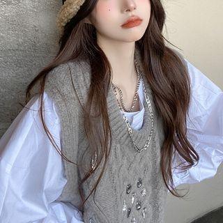 Rhinestone Knit Vest / Bubble-sleeve Long Shirt