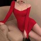Long-sleeve Off-shoulder Knit Bodycon Dress Red - One Size