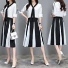 Set: Elbow-sleeve V-neck Blouse + Two-tone A-line Chiffon Skirt