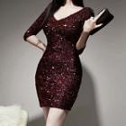 Glitter Elbow-sleeve Sheath Dress