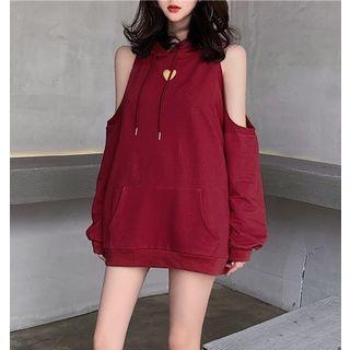 Heart Embroidered Cold Shoulder Hoodie