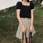 Puff-sleeve Lace Trim Square-neck Cropped Top / Printed Pleated Mini Skirt