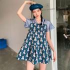 Short-sleeve Mock Two-piece Print Mini Dress