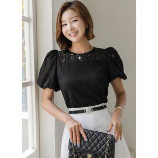 Puff-sleeve Sheer-yoke Lace Top