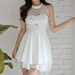 Halter Mesh Panel Mini Cocktail Dress