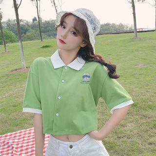 Clown Print Elbow-sleeve Cropped Polo Shirt