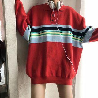 Striped Panel Knit Polo Sweatshirt