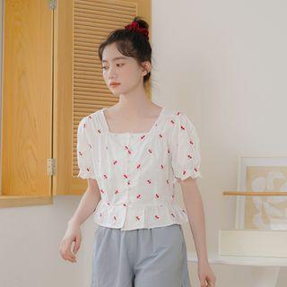 Square Neckline Printed Cherry Puff-sleeve Top