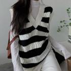 Striped Knit Vest / Mock Neck Long-sleeve T-shirt