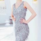 Sequined Open Back Sleeveless Sheath Evening Gown