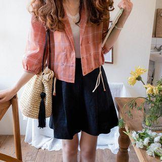 Drawstring-hem Plaid Jacket Orange - One Size