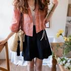 Drawstring-hem Plaid Jacket Orange - One Size