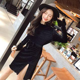 Long-sleeve Furry-trim Velvet Dress