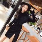 Long-sleeve Furry-trim Velvet Dress
