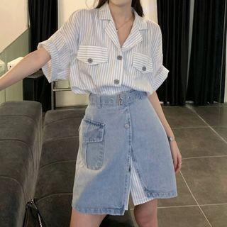 Elbow-sleeve Striped V-neck Shirt Dress / Washed Denim Slit A-line Skirt