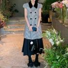 Puff-sleeve Double-breasted Plaid Midi A-line Dress