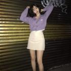 Letter Embroidered Cropped Cardigan Purple - One Size