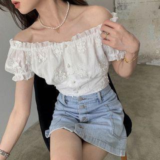 Puff-sleeve Floral Embroidered A-line Mini Dress