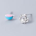 Non-matching 925 Sterling Silver Rhinestone Miniature Teapot & Cup Earring S925 Silver - Silver - One Size