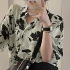 Elbow-sleeve Floral Shirt Light Green - One Size