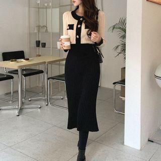 Set: Contrast-trim Cardigan + Ribbed Skirt