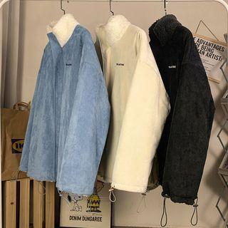 Fleece-lined Lettering Faux Suede Zip Jacket