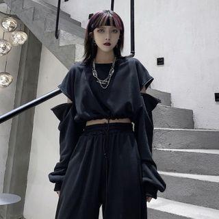 Zip Sleeve Drawstring Cropped Top / Drawstring Waist Sweatpants