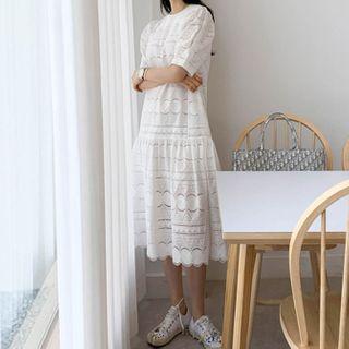 Eyelet Lace Short-sleeve Midi Shift Dress