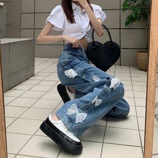 High Waist Bow Loose Fit Jeans