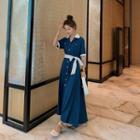 Short-sleeve Tie-front Midi A-line Shirtdress