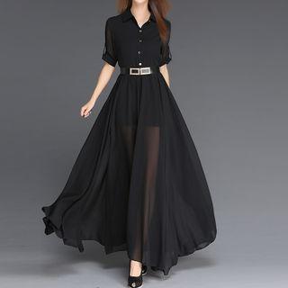 Elbow-sleeve Maxi Chiffon Shirtdress