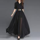 Elbow-sleeve Maxi Chiffon Shirtdress