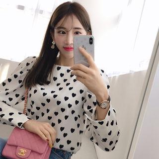 Heart Pattern Ribbon-trim Blouse Ivory - One Size