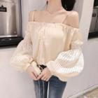 Cold-shoulder Gingham Puff-sleeve Blouse Beige - One Size