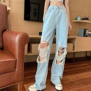 Ripped Straight-cut Wide-leg Jeans