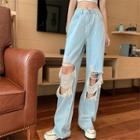 Ripped Straight-cut Wide-leg Jeans