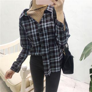 Mesh Panel Check Long-sleeve Blouse
