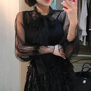 Set: Tie-neck Bell-sleeve Sheer Blouse + Camisole