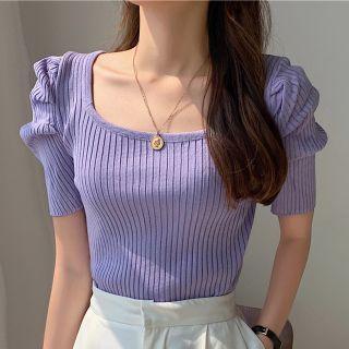 Puff-sleeve Square-neck Ribbed Knit Top