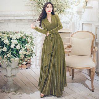 Velvet Deep V-neck Long-sleeve Evening Gown