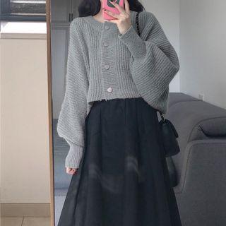 Puff-sleeve Cardigan / A-line Skirt / Set