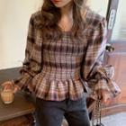 Plaid Bell-sleeve Blouse As Shown In Figure - One Size