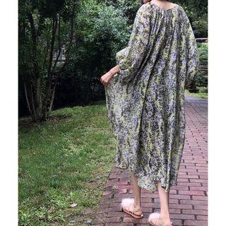 Puff-sleeve Floral Midi Tunic Dress Green - One Size