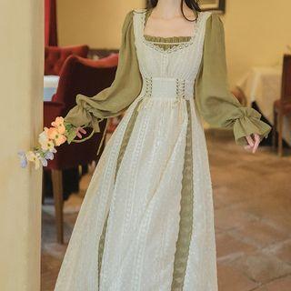 Bell-sleeve Two-tone Maxi A-line Dress