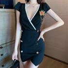V-neck Contrast Trim Mini Bodycon Dress Black - One Size